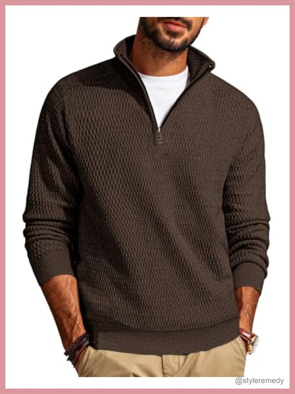 Men's Quarter Zip Textured Knit Pullover Sweater Mock Neck Slim Fit